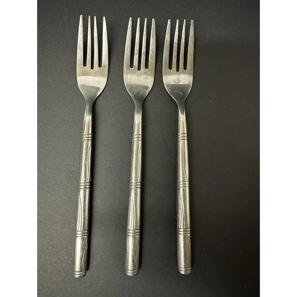 Stainless Flatware Salad Fork Set Of 3 Horizontal Bands Wavy Lines Bamboo-Like